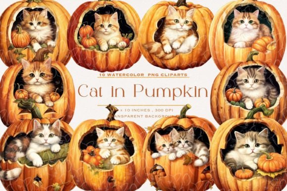 Download Autumn Cat in Pumpkin Watercolor Clipart - Clipart Collection