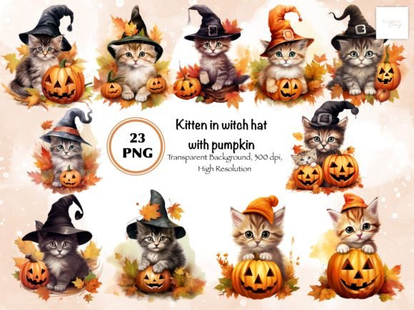 Download Kitten in Witch Hat with Pumpkin Clipart - Clipart Collection