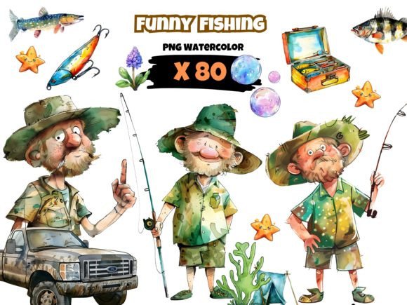Download Watercolor Fishing Clipart, Funny Theme - Clipart Collection